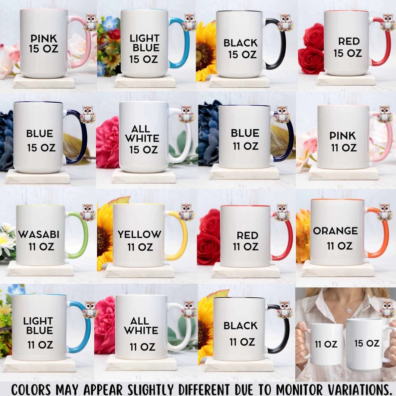 May include: A collection of 11 oz and 15 oz white ceramic mugs with various colored rims and text. The mugs feature colors like pink, light blue, black, red, blue, yellow, orange, and wasabi. The text on the mugs includes "Pink 15 oz", "Light Blue 15 oz", "Black 15 oz", "Red 15 oz", "Blue 15 oz", "All White 15 oz", "Blue 11 oz", "Pink 11 oz", "Wasabi 11 oz", "Yellow 11 oz", "Red 11 oz", "Orange 11 oz", "Light Blue 11 oz", "All White 11 oz", and "Black 11 oz".