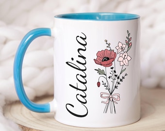 August Birthday Name Mug, Personalized Coquette Birth Flower Mug, Floral Sister Mug, Gift For Mom, Gift For Daughter, Gladiolus Mug, Poppy