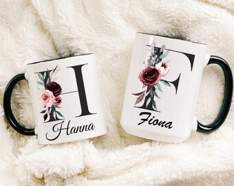 Name Mug, Personalized Initial Mug, Mothers Day Present, Floral Coffee Cup, Birthday Mug, Bridesmaid Gift, Daughter-in-law Mug, Monogram Mug