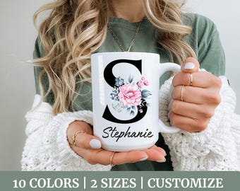 Name Mug, Initial Letter Mug,  Monogram Mug, Floral Alphabet Mug, Personalized Flower Coffee Mug, Gift for Mom Gift for Daughter-in-law