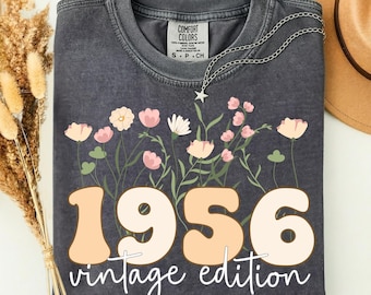 Camiseta Comfort Colors® para 70.º cumpleaños, para mujer, vintage de 1956, regalo para mujer, retro floral