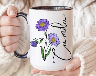 Taza con nombre de septiembre, personalizada con flor de nacimiento, para hermana, regalo para mamá, hija o mejor amiga.