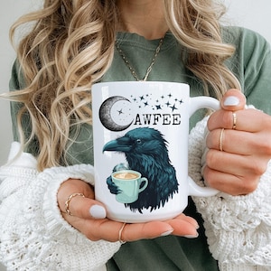 Whimsical Gift for Bird and Coffee Lovers, Crow Lover Gift, Bird Lover Gift, Cawfee Mug, Funny Crow Mug, Crow Drinking Coffee, Raven Mug