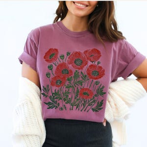Comfort Colors® Poppies Linocut Shirt, Floral Linocut Shirt, Vintage Boho Poppy Tee, Cottagecore Wildflowers T-shirt, August Birthday Gift image 11