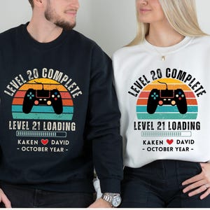 20th Wedding Anniversary Gift Sweatshirt, Personalized Level 20 Complete Gift for Husband Wife, 20 year Anniversary Retro Video Game Shirt