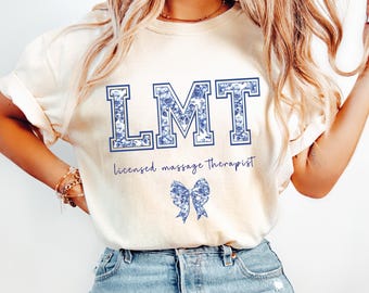 Comfort Colors® Licensed Massage Therapist Shirt, Blue Toile LMT T-Shirt, Floral Massage Therapist Gift, Massage Therapist Graduation Gift