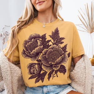 Comfort Colors® Vintage Linocut Peony Shirt,  Cottagecore Boho Shirt, Block Print Peonies Shirt, Ranunculus Woodcut Tee, Botanical Shirt
