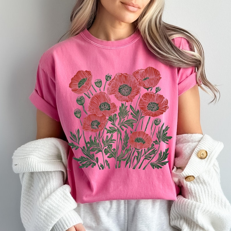 Comfort Colors® Poppies Linocut Shirt, Floral Linocut Shirt, Vintage Boho Poppy Tee, Cottagecore Wildflowers T-shirt, August Birthday Gift image 17