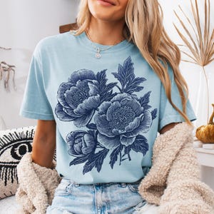 Comfort Colors® Vintage Linocut Peony Shirt,  Cottagecore Boho Shirt, Block Print Peonies Shirt, Ranunculus Woodcut Tee, Botanical Shirt