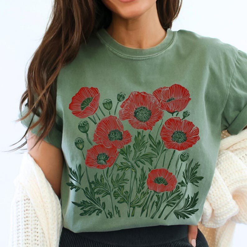Comfort Colors® Poppies Linocut Shirt, Floral Linocut Shirt, Vintage Boho Poppy Tee, Cottagecore Wildflowers T-shirt, August Birthday Gift image 14