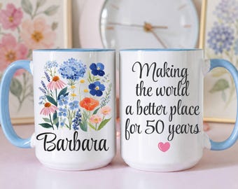 50 birthday gift, floral mug, birthday gift for her, 50th birthday mug,  happy 50th birthday mug, wildflowers custom mug, born in 1976 mug