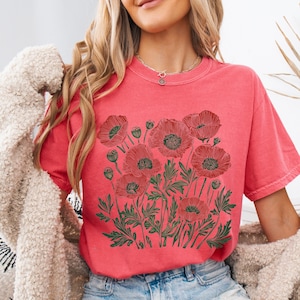 Comfort Colors® Poppies Linocut Shirt, Floral Linocut Shirt, Vintage Boho Poppy Tee, Cottagecore Wildflowers T-shirt, August Birthday Gift image 18