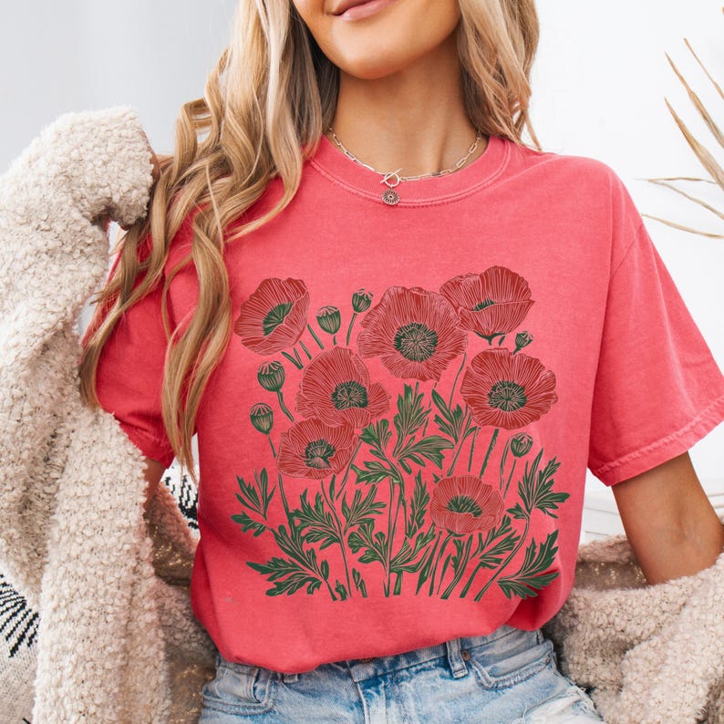 Comfort Colors® Poppies Linocut Shirt, Floral Linocut Shirt, Vintage Boho Poppy Tee, Cottagecore Wildflowers T-shirt, August Birthday Gift image 18