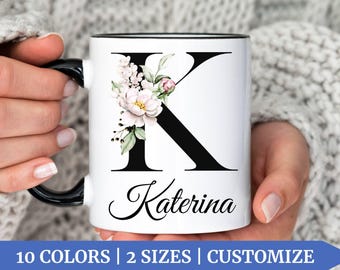 Name Mug, Initial Letter Mug,  Monogram Mug, Floral Alphabet Mug, Personalized Flower Coffee Mug, Gift for Mom Gift for Daughter-in-law