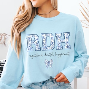 Comfort Colors® Floral Registered Dental Hygienist Shirt, Dental Hygienist Gift, Dentistry Shirt, Blue Toile RDH Shirt, RDH  Graduation Gift