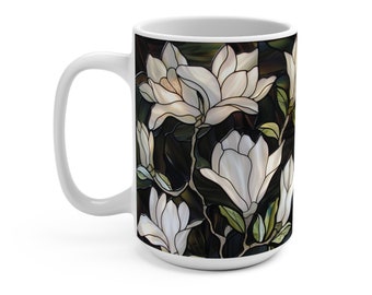 Stained Glass BLACK and White Magnolia Mug 15oz GOTHIC GARDENING