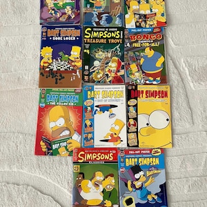 Könnte beinhalten: Eine Sammlung farbenfroher Simpsons-Comics mit Bart Simpson und anderen Charakteren. Die Comic-Cover zeigen verschiedene Titel, darunter "Summer Shindig" und "Treasure Trove".