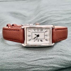 Woman Wrist Watch, Silver Colour Watch, Roman Numeral Dial, Rectangle Design Watch, Gift for Her, Mother's Day Gift, Brown Faux Leather Band