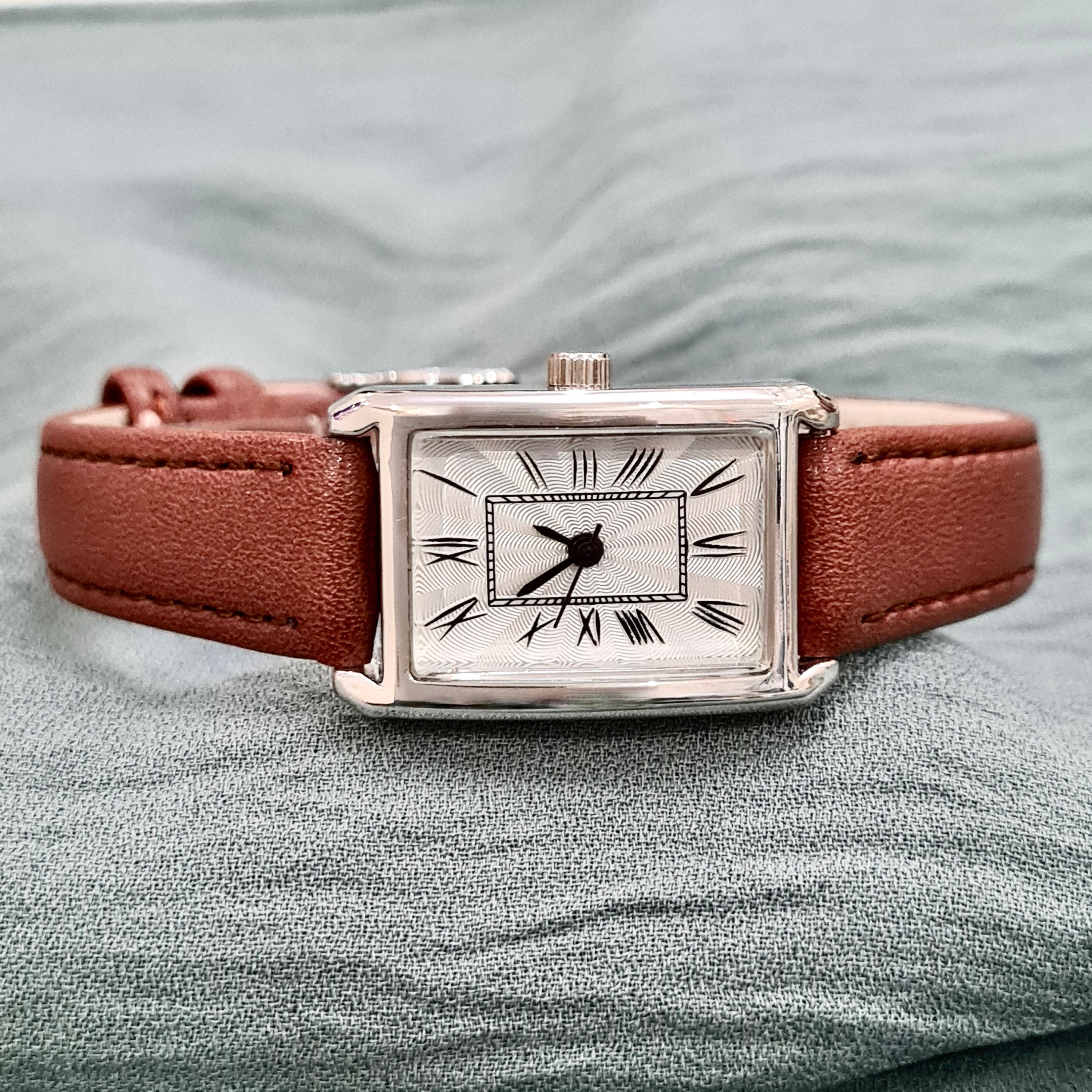 Brown and White Leather Watch with Rectangular Face Consider It Rectangular Case Leather Watch| Anne Klein main image 2