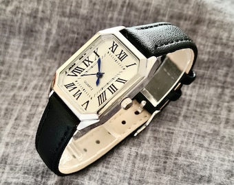 Woman Wrist Watch, Silver Colour Watch, Roman Numeral Dial, White Dial, Octagonal Design, Classy Design, Present for Her, Mother's Day Gift