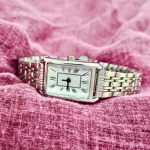 Woman Wrist Watch, Silver Colour Watch, Roman Numeral Dial, Rectangle Design Watch, White Dial, Gift for Her, Mother's Day Gift, Present
