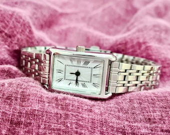 Woman Wrist Watch, Silver Colour Watch, Roman Numeral Dial, Rectangle Design Watch, White Dial, Gift for Her, Mother's Day Gift, Present