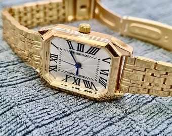 Damen Armbanduhr, Goldfarbe Uhr, römische Ziffern Zifferblatt, weißes Zifferblatt, achteckiges Design, klassisches Design, Geschenk für Sie, Muttertagsgeschenk