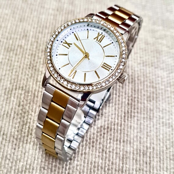 Woman Wrist Watch Gold and Silver Colour Watch White Dial Watch Stones on Case Mother s Day Gift Present for Her Valentine s Day Gift Etsy Canada