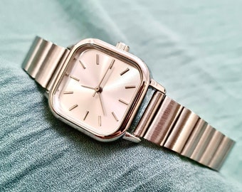 Woman Wrist Watch, Silver Color, Minimal Design, Silver Dial, Daily Usage Watch, Easy Adjustable Band, Square Design Watch, Stick Indexes