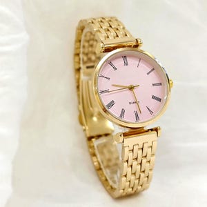 Woman Wrist Watch, Gold Colour Watch, Roman Numeral Dial,  Mother&#39;s Day Gift, Present for Her, Valentine&#39;s Day Gift, Classic, Pink Dial