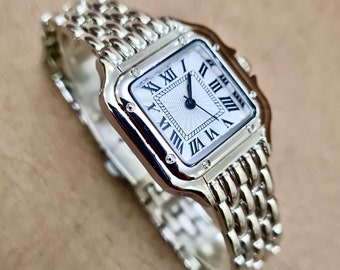 Damen Armbanduhr, silberfarbene Uhr, römische Ziffern Zifferblatt, weißes Zifferblatt, Minimal Art, klassisches Design, Geschenk für Sie, Muttertagsgeschenk