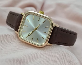 Woman Wrist Watch, Gold Color, Minimal Design, Silver Dial, Daily Usage Watch, Brown Faux Leather Band, Square Design Watch, Stick Indexes