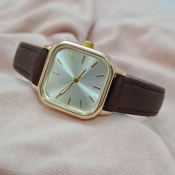 Woman Wrist Watch, Gold Color, Minimal Design, Silver Dial, Daily Usage Watch, Brown Faux Leather Band, Square Design Watch, Stick Indexes