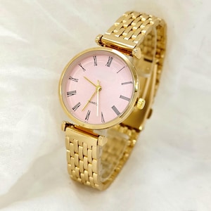 Woman Wrist Watch, Gold Colour Watch, Roman Numeral Dial,  Mother&#39;s Day Gift, Present for Her, Valentine&#39;s Day Gift, Classic, Pink Dial