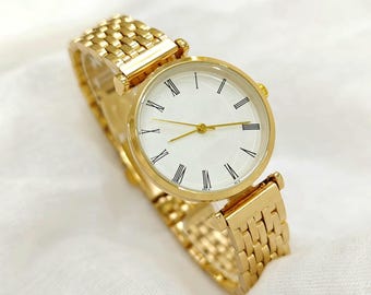 Woman Wrist Watch, Gold Colour Watch, Roman Numeral Dial,  Mother's Day Gift, Present for Her, Valentine's Day Gift, Classic, White Dial