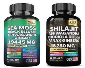Sea Moss 7000mg, Black Seed Oil 4000mg, Ashwagandha 2000mg, Ginger & Shilajit 9000mg, Rhodiola Rosea 1000mg, Panax Ginseng 1500mg, All in 1