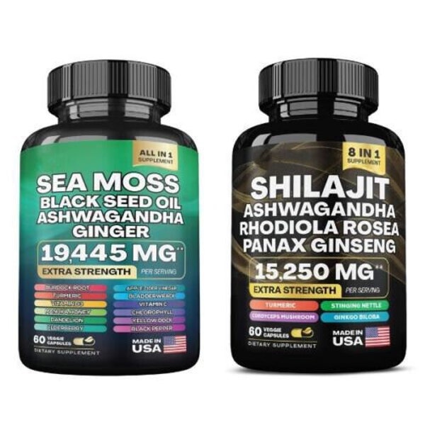 Sea Moss 7000mg, Black Seed Oil 4000mg, Ashwagandha 2000mg, Ginger & Shilajit 9000mg, Rhodiola Rosea 1000mg, Panax Ginseng 1500mg, All in 1