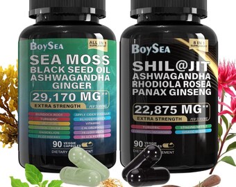 Sea Moss and shilajit Bundle - 60 Count - Sea Moss 7000mg, Black Seed Oil 4000mg, Ashwagandha 2000mg, Ginger & Shilajit, Rhodiola Rosea