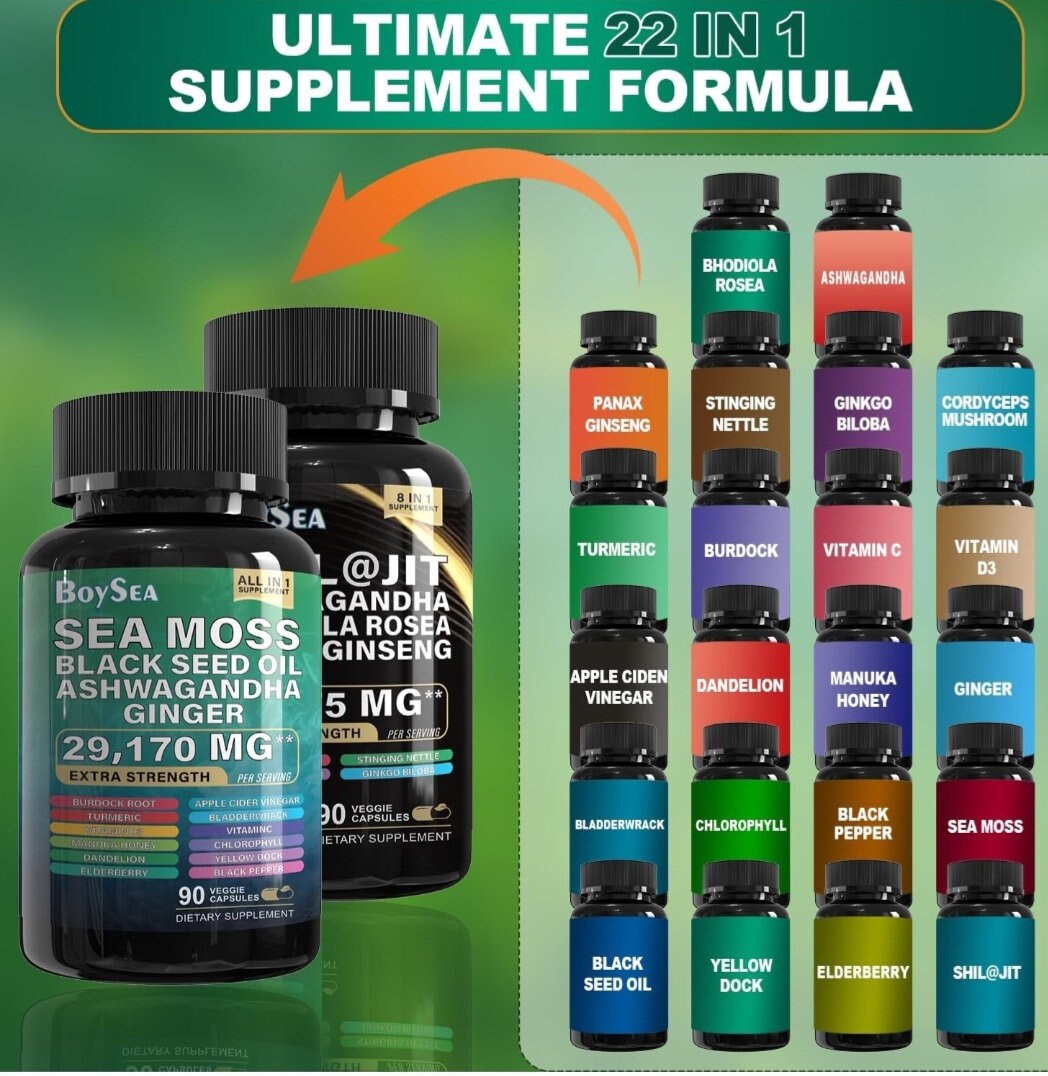 Sea moss and shilajit bundle 90 count sea moss 7000mg black seed oil