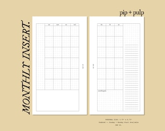 Inserto mensual sin fecha / MO2P, comienza en domingo y lunes, anillos personales imprimibles / PNP 02