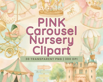 30 Pink Carousel Watercolor Clipart, Cute Baby Girl Nursery Digital Art, PNG Download For Baby Shower, Pony Graphics For Commercial Use