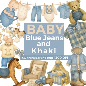 Watercolor Denim Baby Shower Clipart, Rodeo and Country, Boy Blue Jeans Décor, Rustic Cute Clothesline PNG, Khaki Clothing, Commercial Use