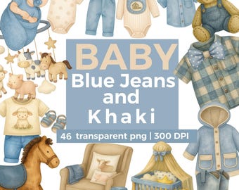 Watercolor Denim Baby Shower Clipart, Rodeo and Country, Boy Blue Jeans Décor, Rustic Cute Clothesline PNG, Khaki Clothing, Commercial Use