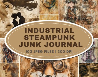Industrial Steampunk Junk Journal Pages: Rusty Gears, Clocks, Airships and Mechanical Printable Ephemera