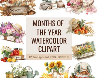 Months of the Year Watercolor Clipart, Cute Digital Download for Seasonal Planners, Calendar Art & Graphics, Journal and Scrapbooking