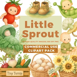 Little Sprout Baby Shower Clipart, Locally Grown, Watercolor PNG, Commercial Use, Digital Download, Vegetable Botanical Art, Farmer&#39;s Market