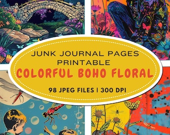 Junk Journal Pages Printable – Colorful Boho Floral Ephemera Kit for Scrapbooking, Collage & Planners