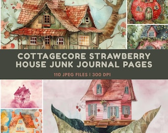 Cottagecore Strawberry House Junk Journal Pages: Whimsical Cottage Printables and Scrapbook Papers