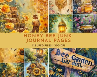Honey Bee Junk Journal Pages: Yellow Garden  Printable Scrapbook Pages and Honeycomb Ephemera