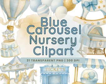 30 Blue Carousel Watercolor Clipart, Cute Baby Boy Nursery Digital Art, PNG Download For Baby Shower, Pony Theme Graphics For Birthday